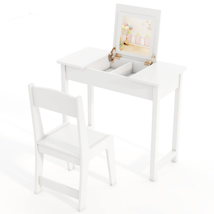 2 in 1 Kids Vanity Table and Chair Set with Flip Top Mirror Hidden Storage-