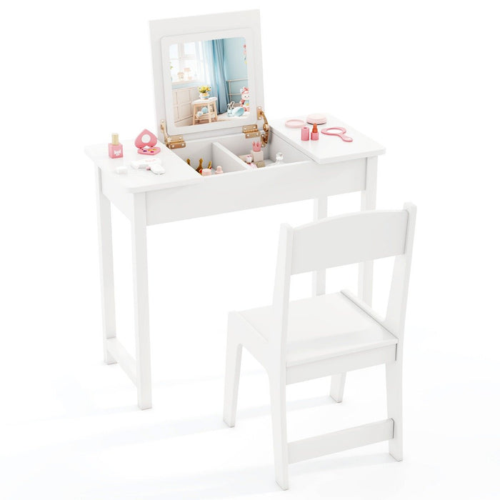 2 in 1 Kids Vanity Table and Chair Set with Flip Top Mirror Hidden Storage-