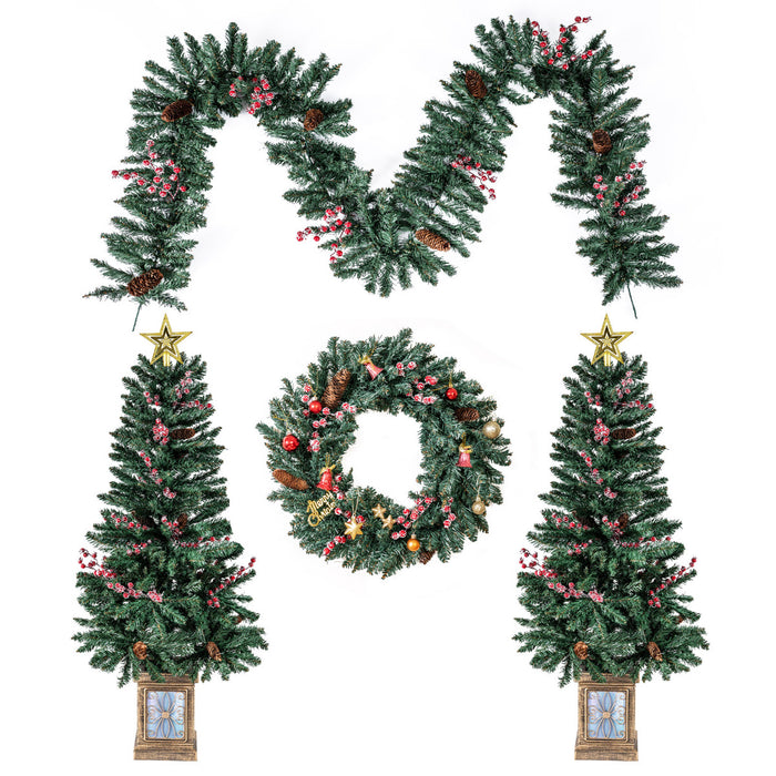 Entrances Trees with Garland and Wreath Potted Christmas Tree Set of 4-