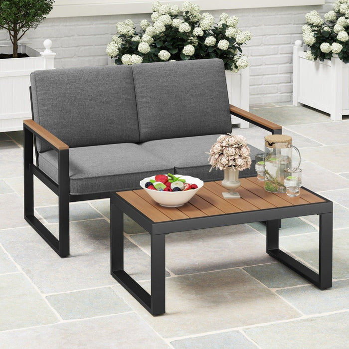 2 Piece Patio Aluminum Furniture Set with Wood-Plastic Armrests and Tabletop-