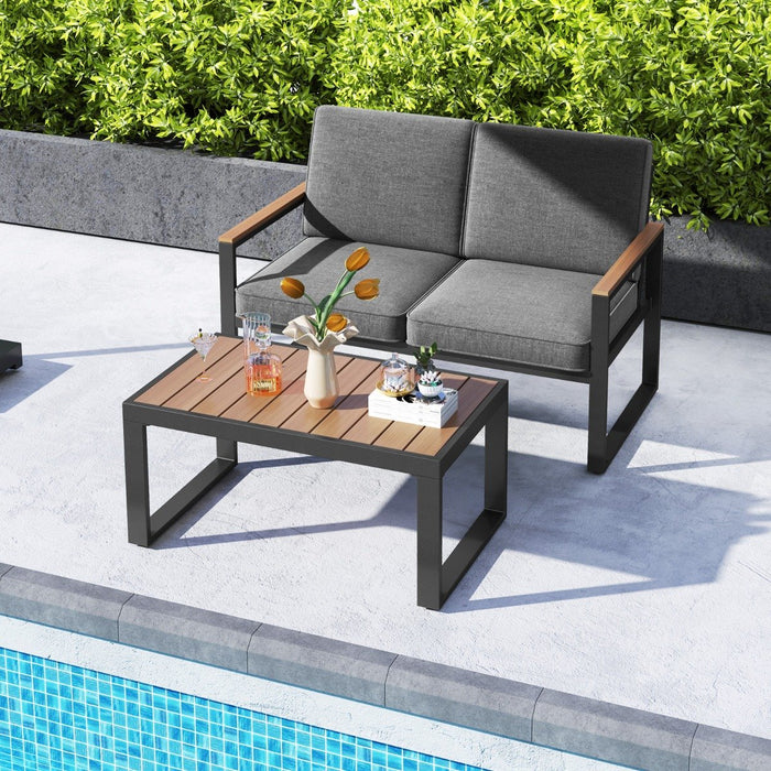 2 Piece Patio Aluminum Furniture Set with Wood-Plastic Armrests and Tabletop-