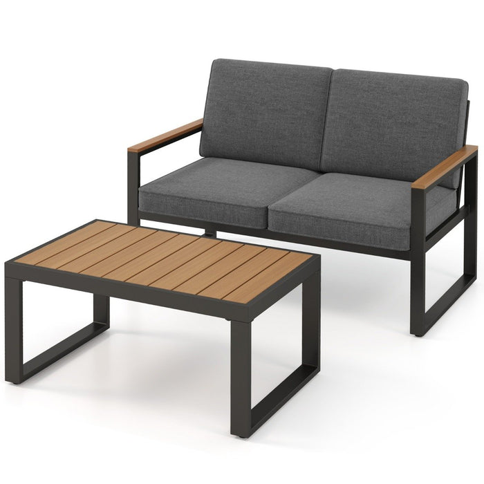 2 Piece Patio Aluminum Furniture Set with Wood-Plastic Armrests and Tabletop-