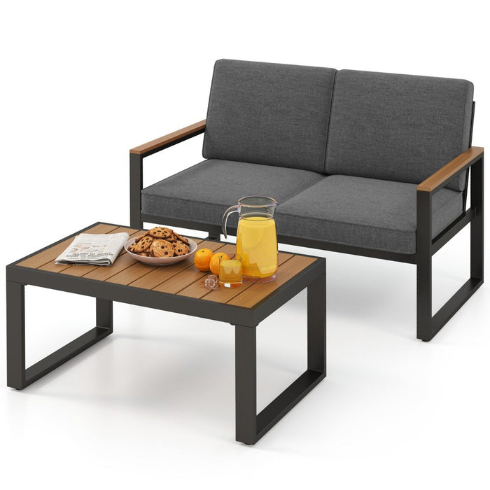 2 Piece Patio Aluminum Furniture Set with Wood-Plastic Armrests and Tabletop-