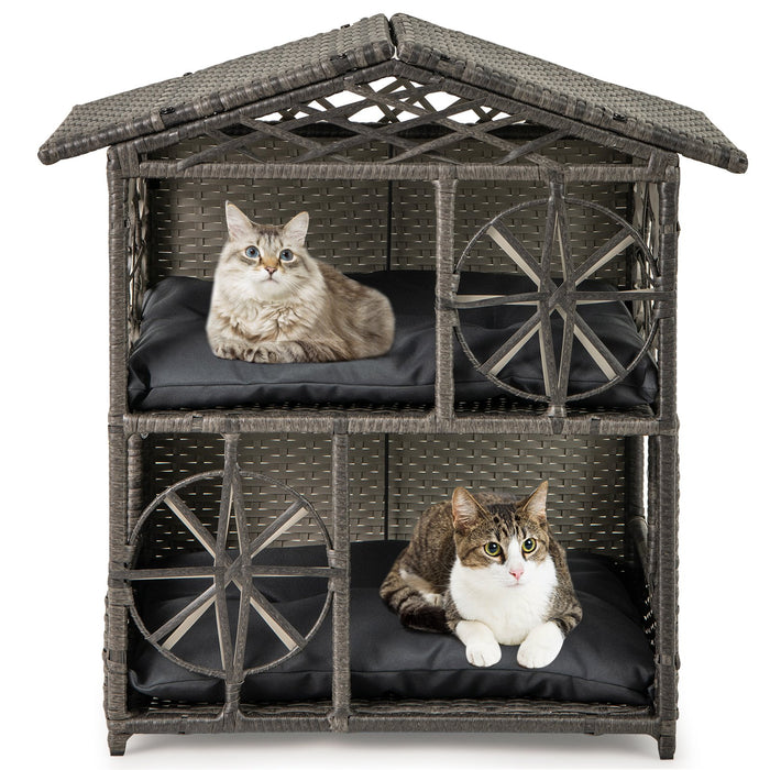 2-storey Wicker Cat House with Removable Cushions-