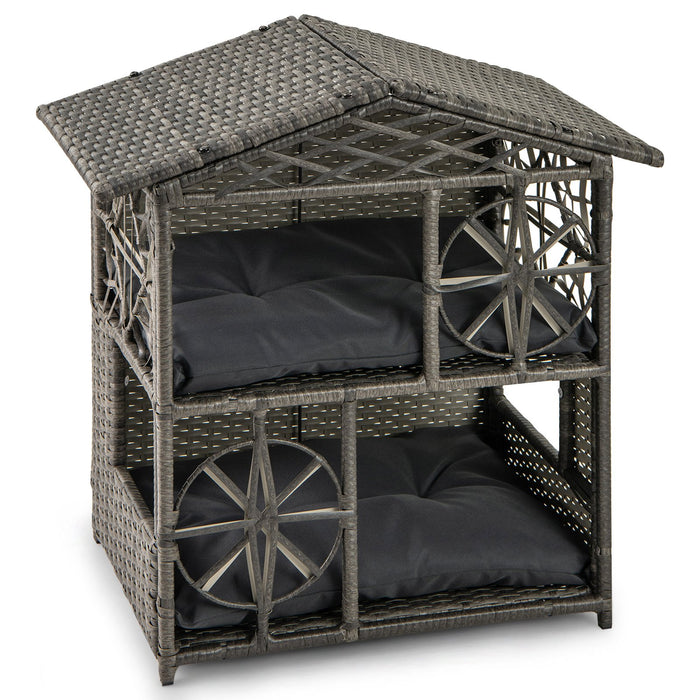 2-storey Wicker Cat House with Removable Cushions-