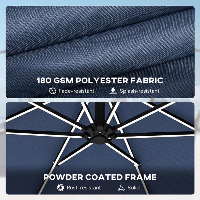Outsunny 3 m Garden Cantilever Parasol with LED Solar Light, Round Overhanging Umbrella with 360° Rotation, Cover, Navy Blue