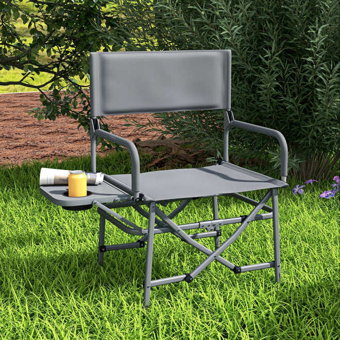 Portable Director's Chair with Built-in Side Table - Durable Grey Camping Seat - Ideal for Outdoor Events and Picnics
