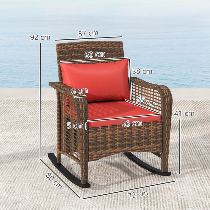 Outsunny Garden Rocking Chair, Outdoor Rattan Rocker Lounge Chair with Seat and Back Cushions, Patio Armchair Seat with All-weather Wicker, Steel Frame for Porch Balcony, Red