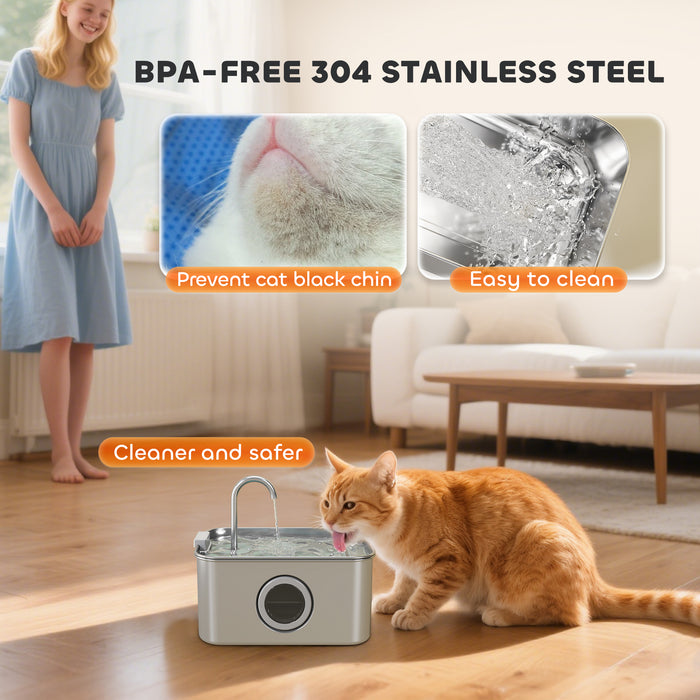 PawHut 3.2L Cat Water Fountain for Drinking, Cat Fountain Stainless Steel with Visible Water-Level Window, Ultra-Silent Pump