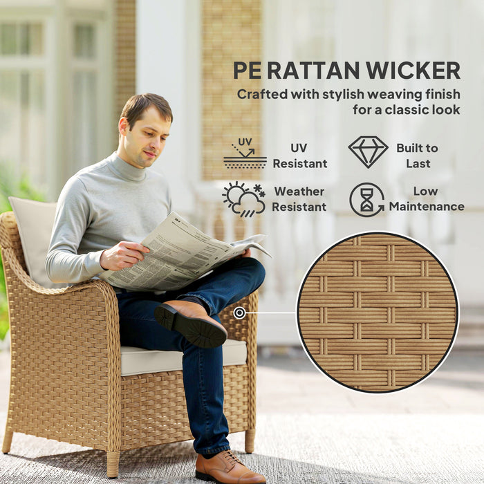 Outsunny Rattan Garden Chairs Set of 2, Outdoor Rattan Chairs with Cushions, Armrests and High Back, PE Wicker Garden Armchair with Steel Frame for Balcony, Porch, Beige