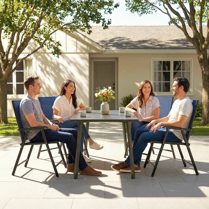 Outsunny Folding Garden Chairs Set of 4, Foldable Garden Dining Chairs with High Back, Armrests, Texteline Seat, Navy Blue