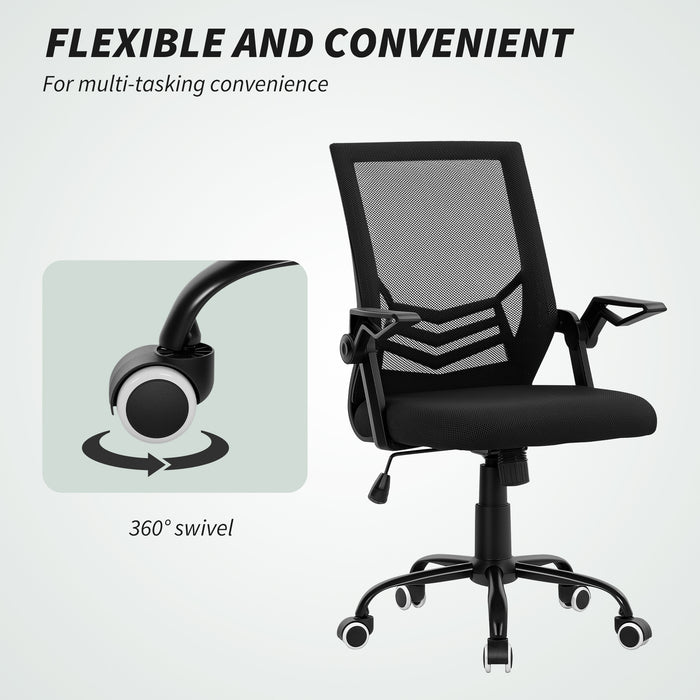 HOMCOM Modern Home Office Furniture Set, Computer Desk with Storage Shelf and Ergonomic Mesh Chair with Flip-Up Armrests, Lumbar Support, Adjustable Height, Rustic Brown and Black