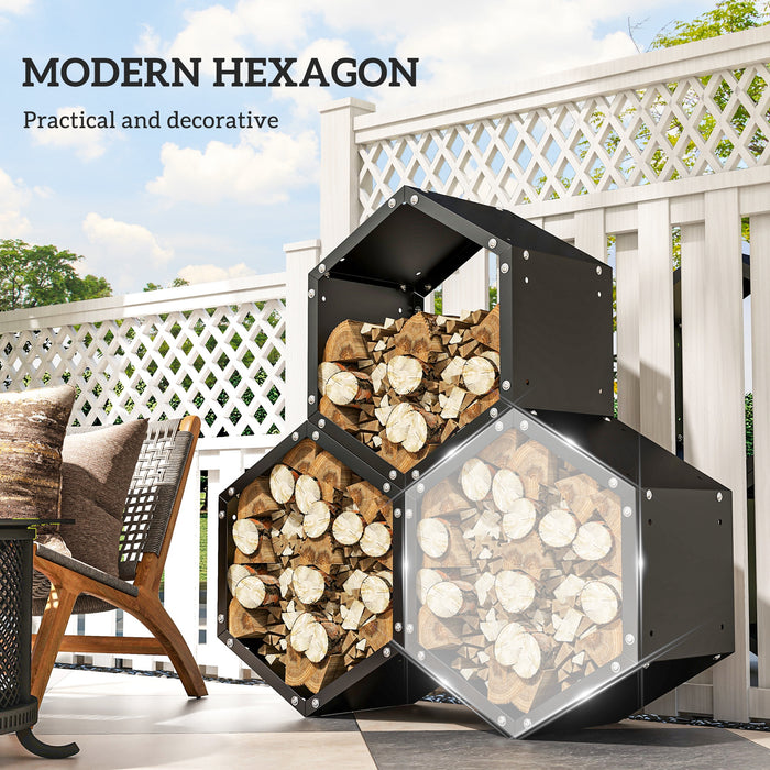 Outsunny Fireplace Log Rack, Steel Firewood Log Holder, 3 Hexagon Boxes, Indoor Outdoor Wood Storage Shelf, 113 x 37 x 113cm, Black | Aosom UK