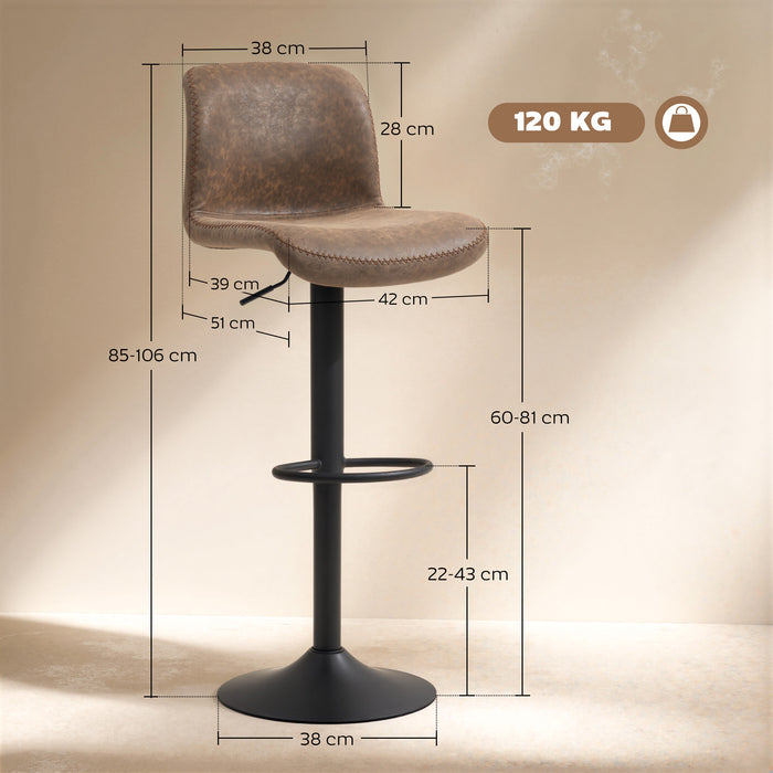HOMCOM Bar Stools Set of 2, PU Leather Barstools with Backrest and Footrest for Kitchen, Counter, Breakfast Bar, Brown