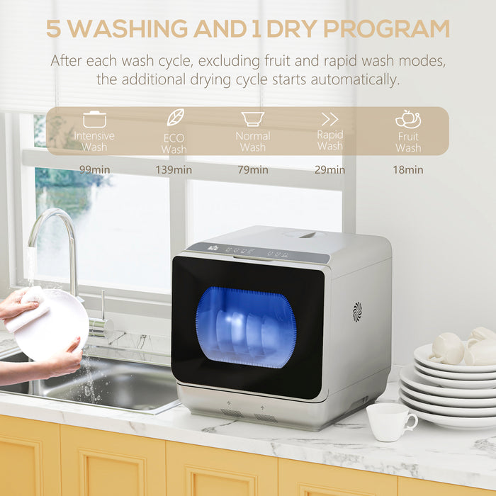 HOMCOM Tabletop Dishwasher, Mini Countertop Dishwasher with 4 Place Settings, 6 Programs, 6L Water Tank, Touch Control, LED Display, Delay Start, Dual Water Supply and Fruit Wash Mode, Silver Tone