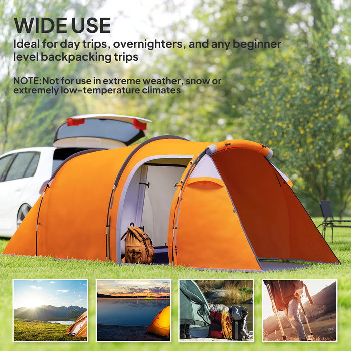 Outsunny 2-3 Man Tunnel Tents w/ Vestibule Camping Tent Porch Air Vents Weather-Resistant Shelter, Orange