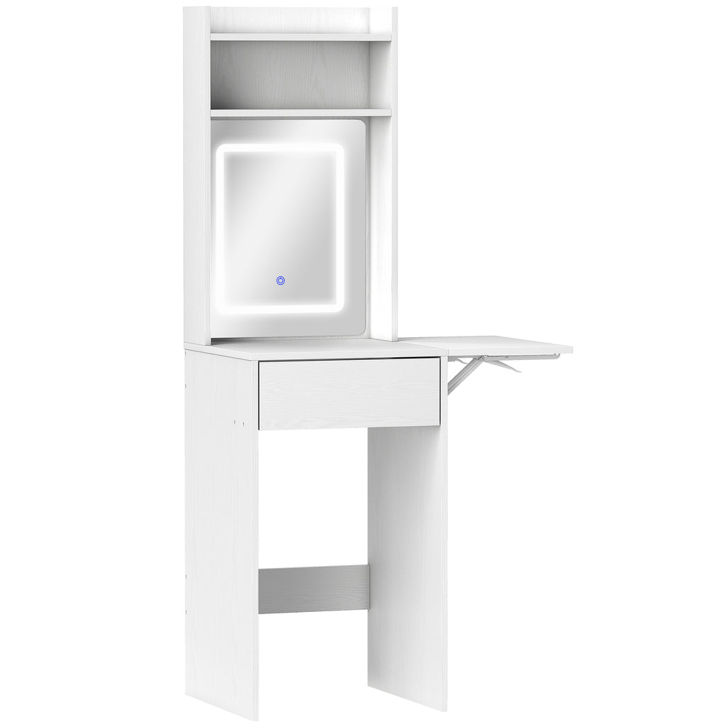 HOMCOM Small Vanity Desk with Mirror and LED Lights, Compact Dressing Table with Drop Leaf, Open Shelves and Drawer, White