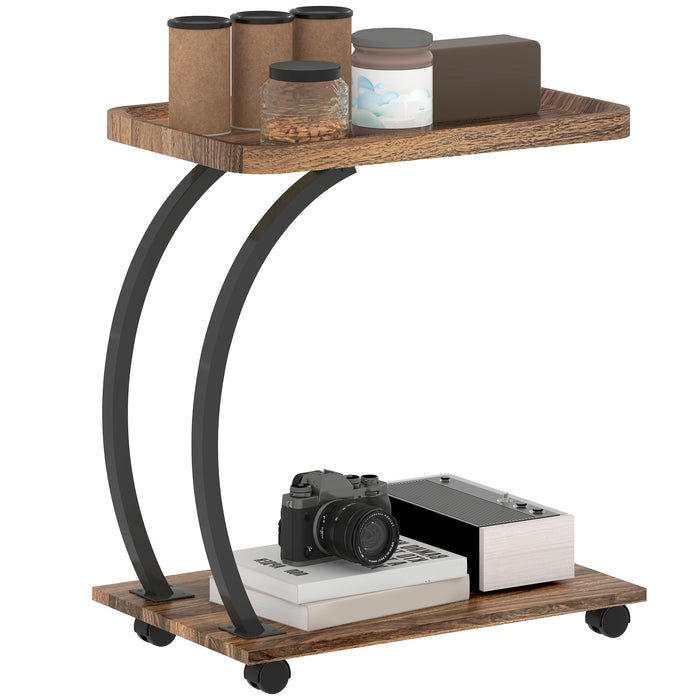 HOMCOM 2-Tier Mobile C-Shaped Side Table - Brown
