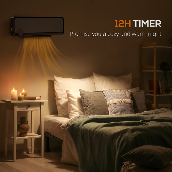 HOMCOM Wall Downflow Heater 2 Heat and Fan 1000W/2000W, Electric Space Heater with Timer Remote Oscillating, for Bedroom Home Office, Black