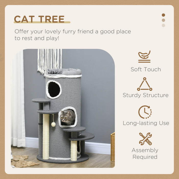 Barrel Shaped Cat Tree with Sisal Scratching Posts - Multi-Level Playground with Cat Bed & Platforms, Hanging Toy - Perfect for Scratching, Climbing, and Napping