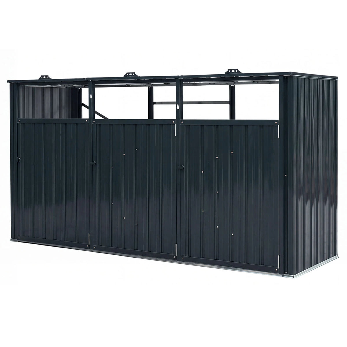 3-Bin Metal Trash Shed with Flip-Up Lids and Lockable Doors for Backyard-Grey