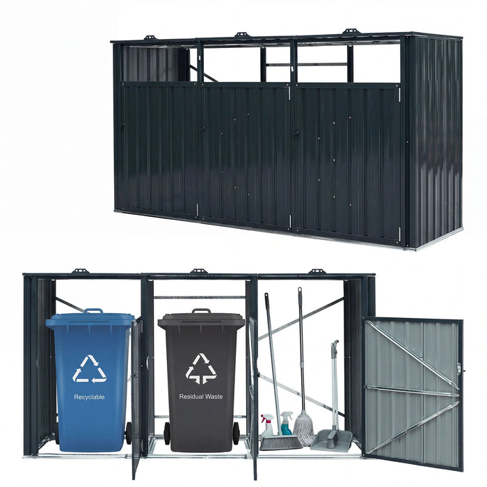 3-Bin Metal Trash Shed with Flip-Up Lids and Lockable Doors for Backyard-Grey