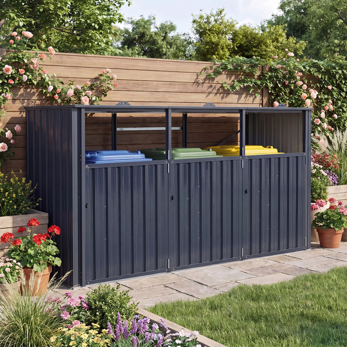 3-Bin Metal Trash Shed with Flip-Up Lids and Lockable Doors for Backyard-Grey
