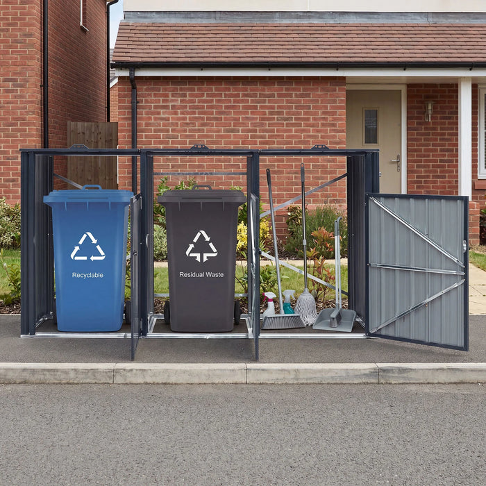 3-Bin Metal Trash Shed with Flip-Up Lids and Lockable Doors for Backyard-Grey