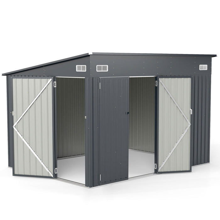 3-Door Outdoor Storage Shed with Air Vents and Sloping Roof-