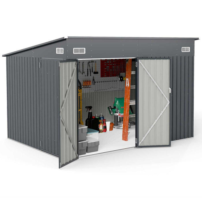 3-Door Outdoor Storage Shed with Air Vents and Sloping Roof-