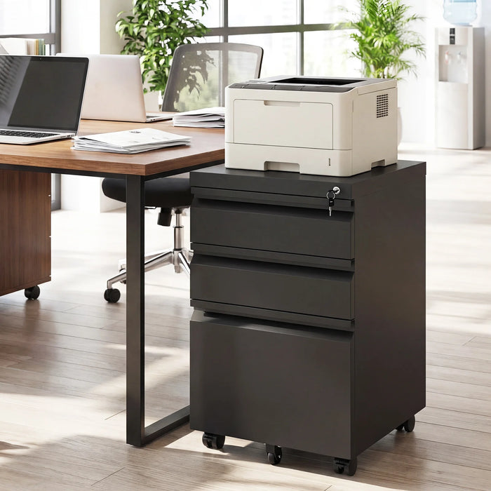 3-Drawer Mobile File Cabinet with 5 Casters and 2 Keys for A4-