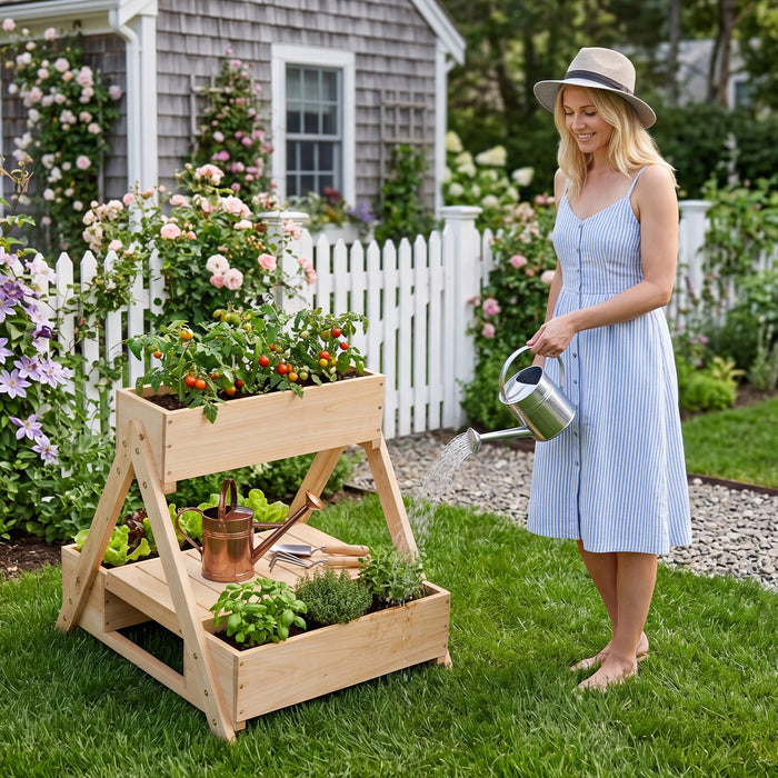 3 Fir Wooden Planter Boxes with Open Storage Shelf and 3 Drainage Holes-Natural