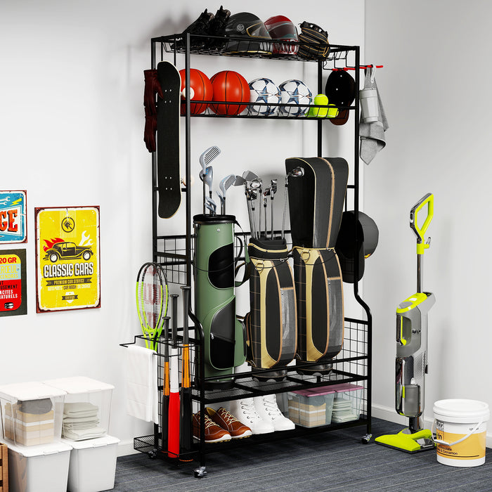 3 Golf Bags Storage Garage Organizer with Wheels 4 Hooks-Black