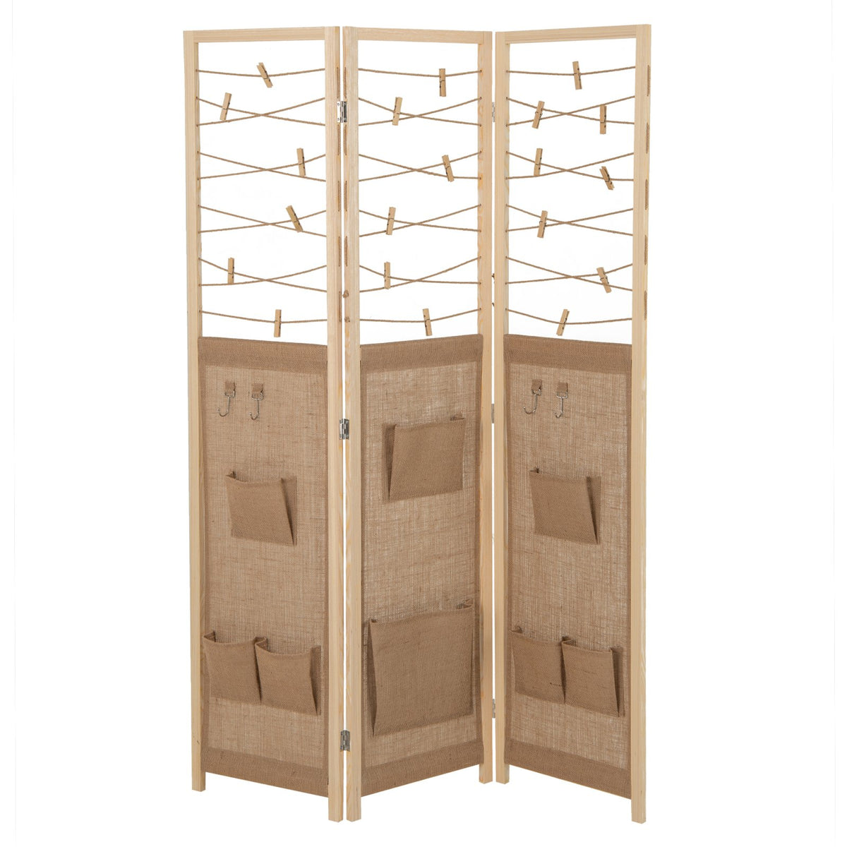 3-Panel Room Divider with 8 Storage Pockets and 4 Hooks-Natural ...