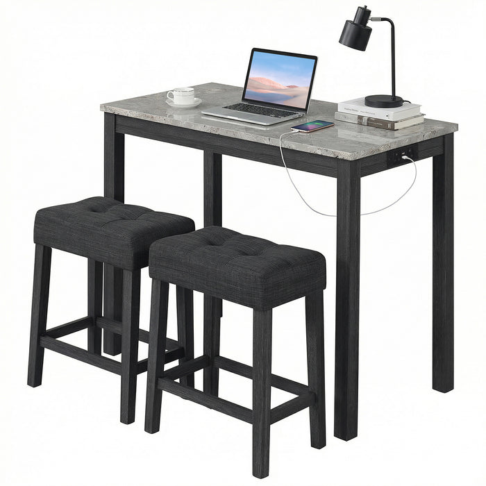 3-Piece Bar Table Set with Charging Station Modern Counter Height Breakfast Table with Faux Marble Top-