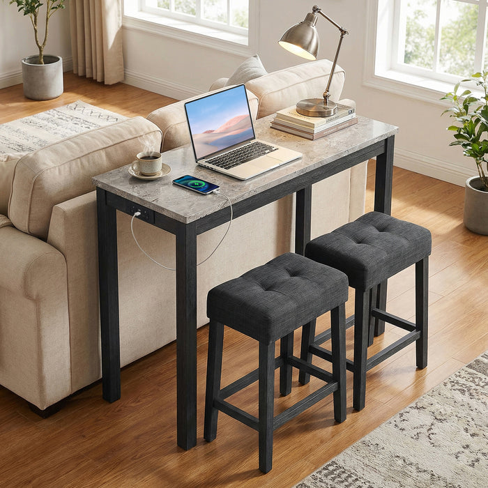 3-Piece Bar Table Set with Charging Station Modern Counter Height Breakfast Table with Faux Marble Top-