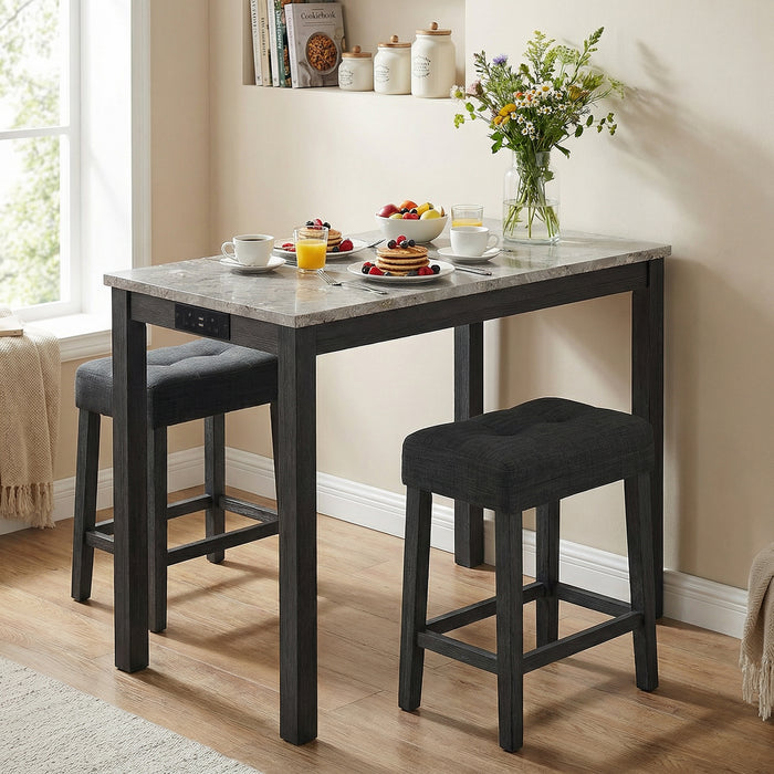 3-Piece Bar Table Set with Charging Station Modern Counter Height Breakfast Table with Faux Marble Top-