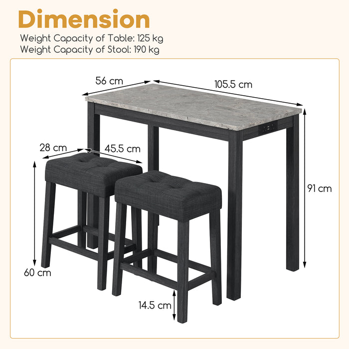 3-Piece Bar Table Set with Charging Station Modern Counter Height Breakfast Table with Faux Marble Top-