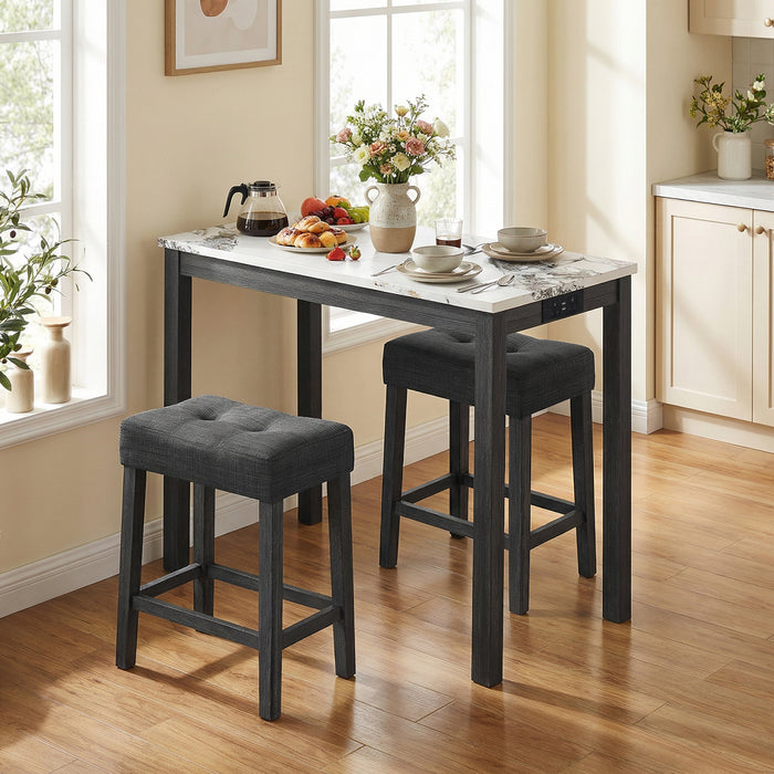 3-Piece Bar Table Set with Charging Station Modern Counter Height Breakfast Table with Faux Marble Top-