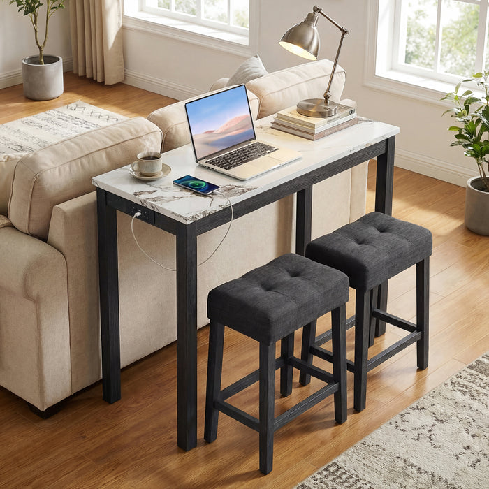 3-Piece Bar Table Set with Charging Station Modern Counter Height Breakfast Table with Faux Marble Top-