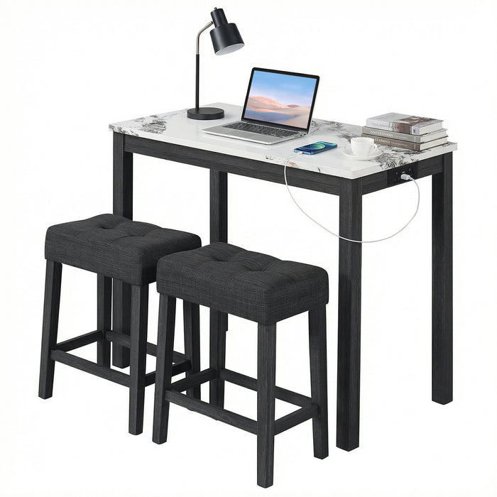 3-Piece Bar Table Set with Charging Station Modern Counter Height Breakfast Table with Faux Marble Top-