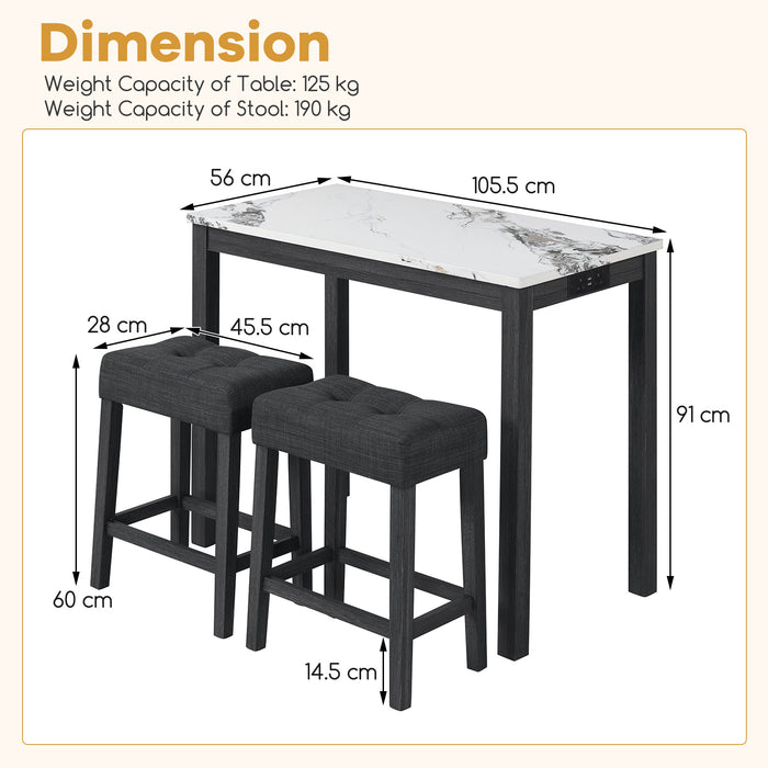3-Piece Bar Table Set with Charging Station Modern Counter Height Breakfast Table with Faux Marble Top-