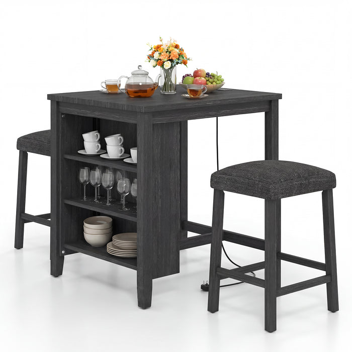 3-Piece Bar Table Set with Power Outlet Counter Height Kitchen Dining Table-