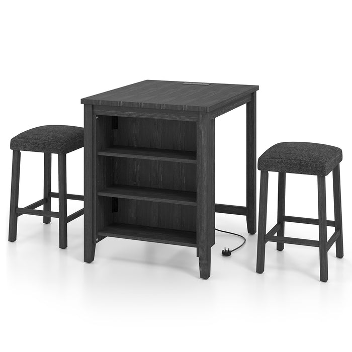 3-Piece Bar Table Set with Power Outlet Counter Height Kitchen Dining Table-