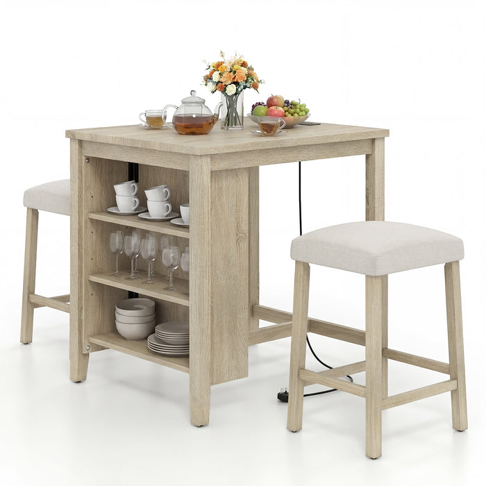 3-Piece Bar Table Set with Power Outlet Counter Height Kitchen Dining Table-
