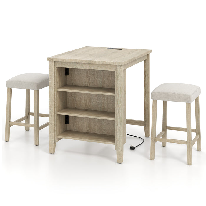 3-Piece Bar Table Set with Power Outlet Counter Height Kitchen Dining Table-