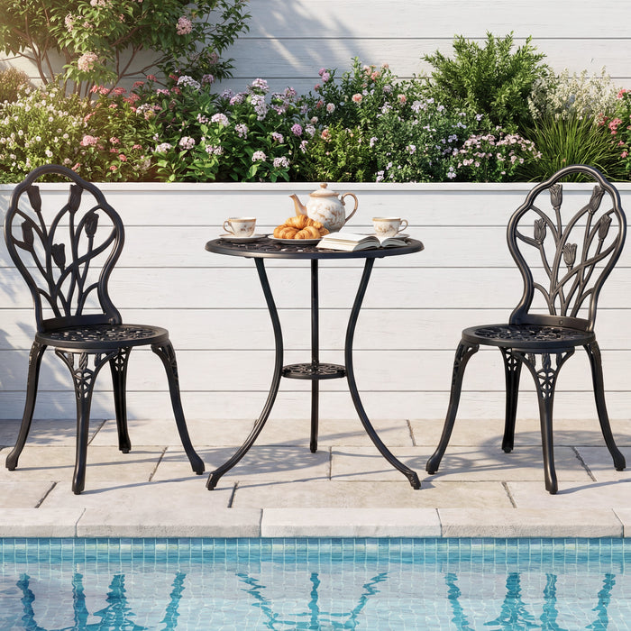 3-Piece Cast Aluminum Bistro Set Patio All-Weather Table and Chairs with Umbrella Hole-