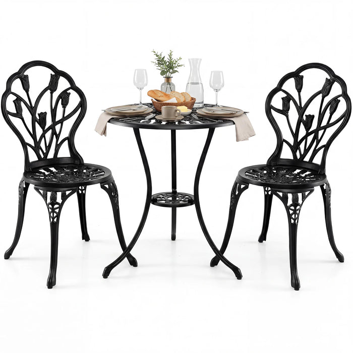 3-Piece Cast Aluminum Bistro Set Patio All-Weather Table and Chairs with Umbrella Hole-
