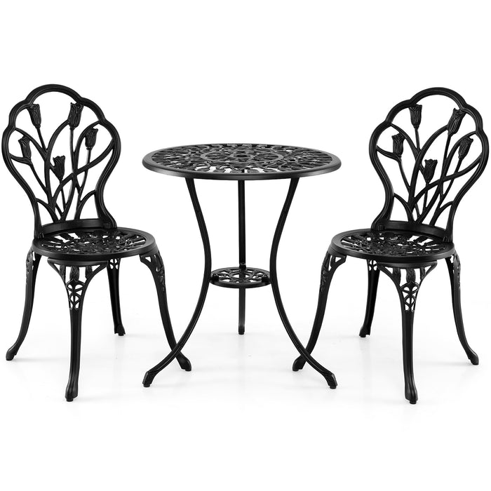 3-Piece Cast Aluminum Bistro Set Patio All-Weather Table and Chairs with Umbrella Hole-