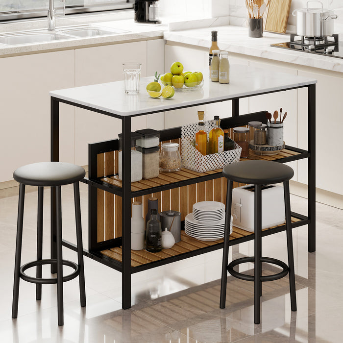3-Piece Dining Table Set Kitchen Island and 2 Bar Stools Set with 2-Tier Storage Shelf-White